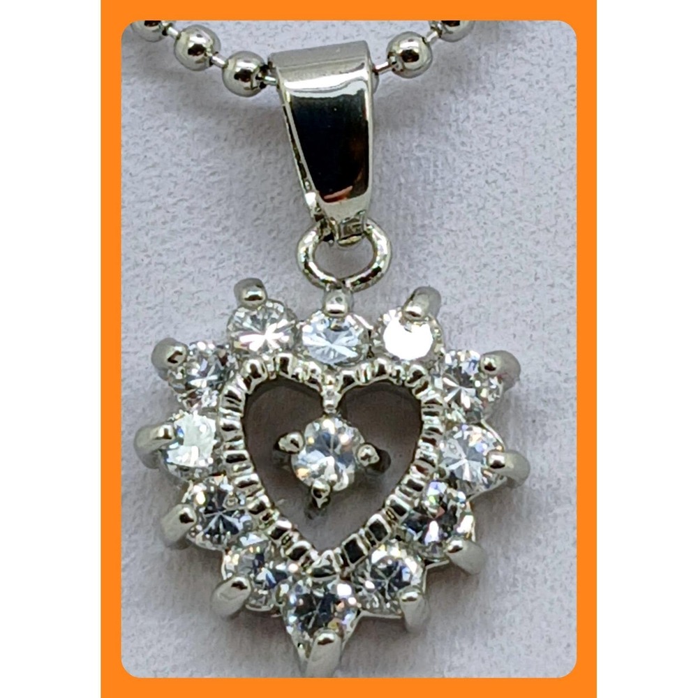 Vintage 1990s Heart Pendant Necklace Silver Tone Cubic Zirconia 16in + 2in Ext